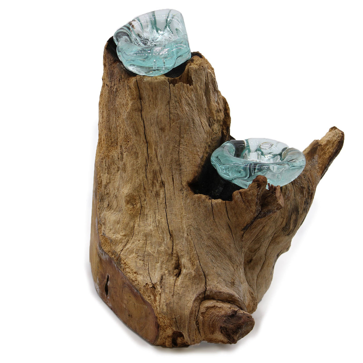 Recycled Glass/Wood Candle Holder - Double Round - Clear/Light Blue with two empty scalloped cups fitted into a tall forked wood form by Quintessential Holistic Health Ltd