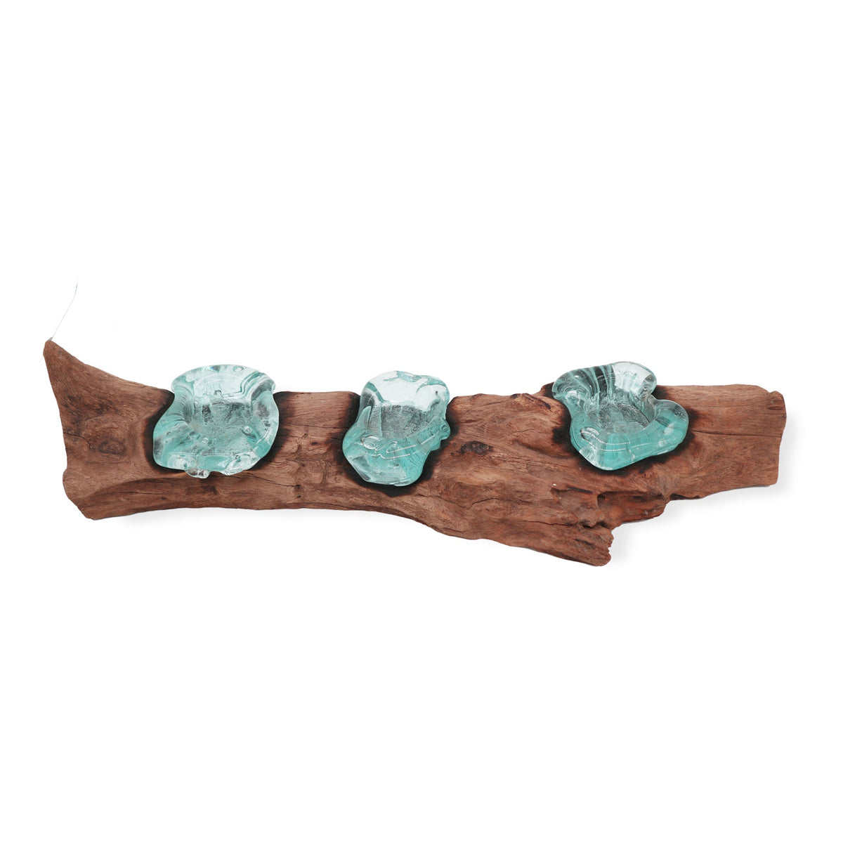 Recycled Glass/Wood Candle Holder - Triple Round - Clear/Light Blue with three compact holders evenly spaced along reddish branching wood by Quintessential Holistic Health Ltd