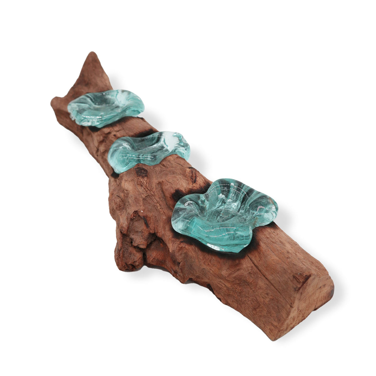 Recycled Glass/Wood Candle Holder - Triple Round - Clear/Light Blue with three graduated rippled holders following a forked reddish wood form by Quintessential Holistic Health Ltd