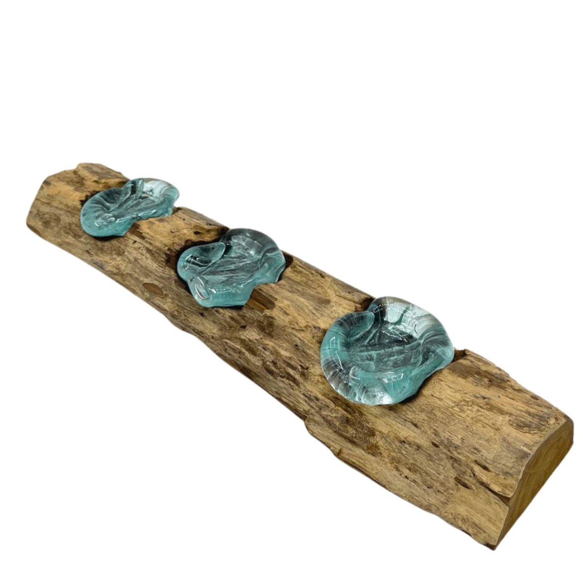 Recycled Glass/Wood Candle Holder - Triple Round - Clear/Light Blue with three irregular flower-like cups spaced along a rustic wood slab by Quintessential Holistic Health Ltd