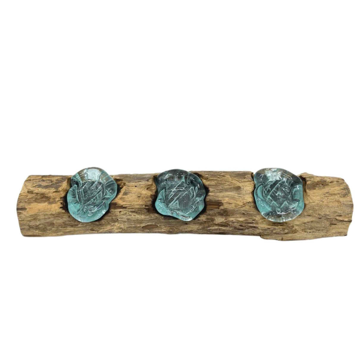 Recycled Glass/Wood Candle Holder - Triple Round - Clear/Light Blue with three rounded flower-like cups aligned on a narrow wood plank by Quintessential Holistic Health Ltd