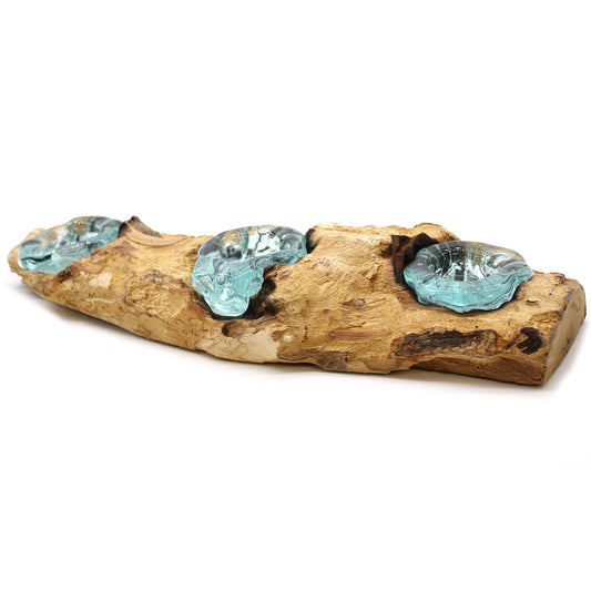Handmade Molten Recycled Glass Candle Holder on Wood - Triple - Round - Clear and Light Blue - main product image from Quintessential Holistic Health Ltd UK