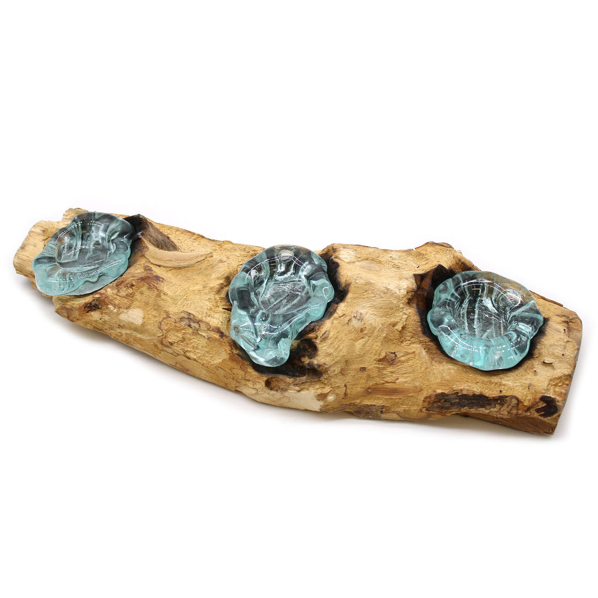Recycled Glass/Wood Candle Holder - Triple Round - Clear/Light Blue with three flower-like rippled holders along an irregular pale wood base by Quintessential Holistic Health Ltd
