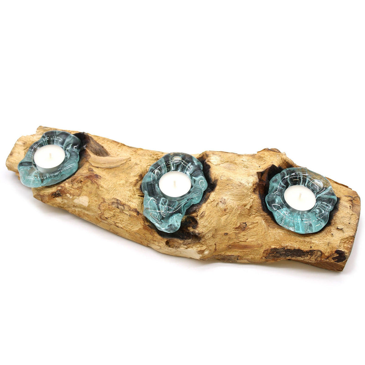 Recycled Glass/Wood Candle Holder - Triple Round - Clear/Light Blue with three dark-rimmed holders arranged on a broad pale wood slab by Quintessential Holistic Health Ltd