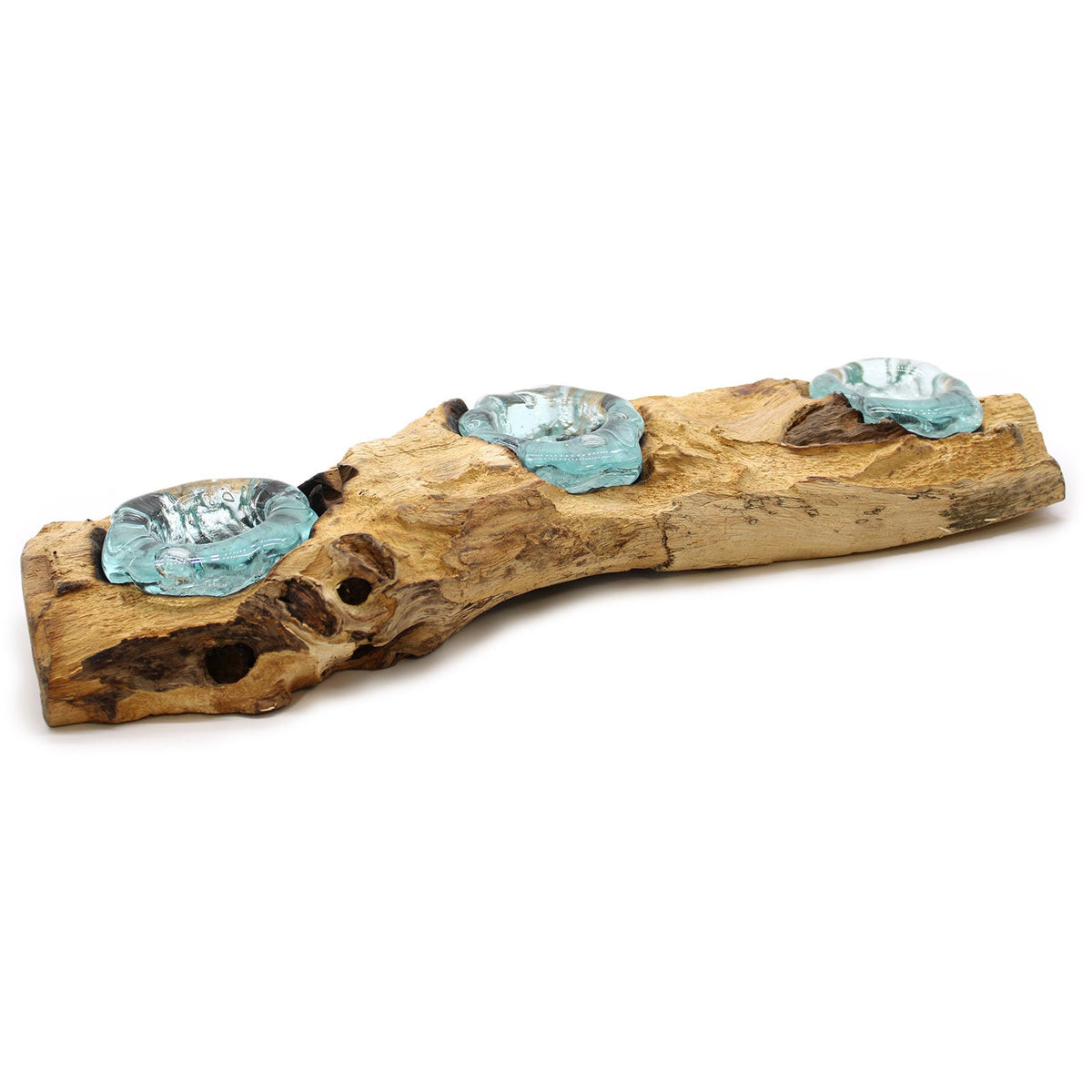 Recycled Glass/Wood Candle Holder - Triple Round - Clear/Light Blue with three small rippled holders spaced across a gently curved wood piece by Quintessential Holistic Health Ltd