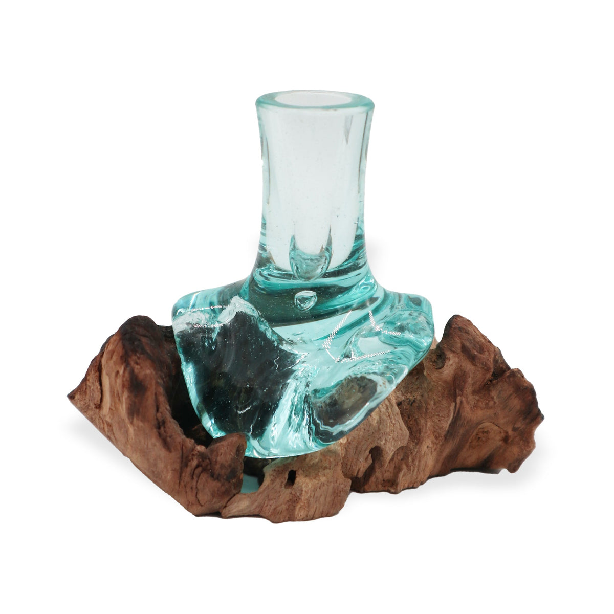 Recycled Glass Flower Vase on Wood - Small - Clear/Light Blue, with a slim neck and broad molten glass base on reddish wood by Quintessential Holistic Health Ltd