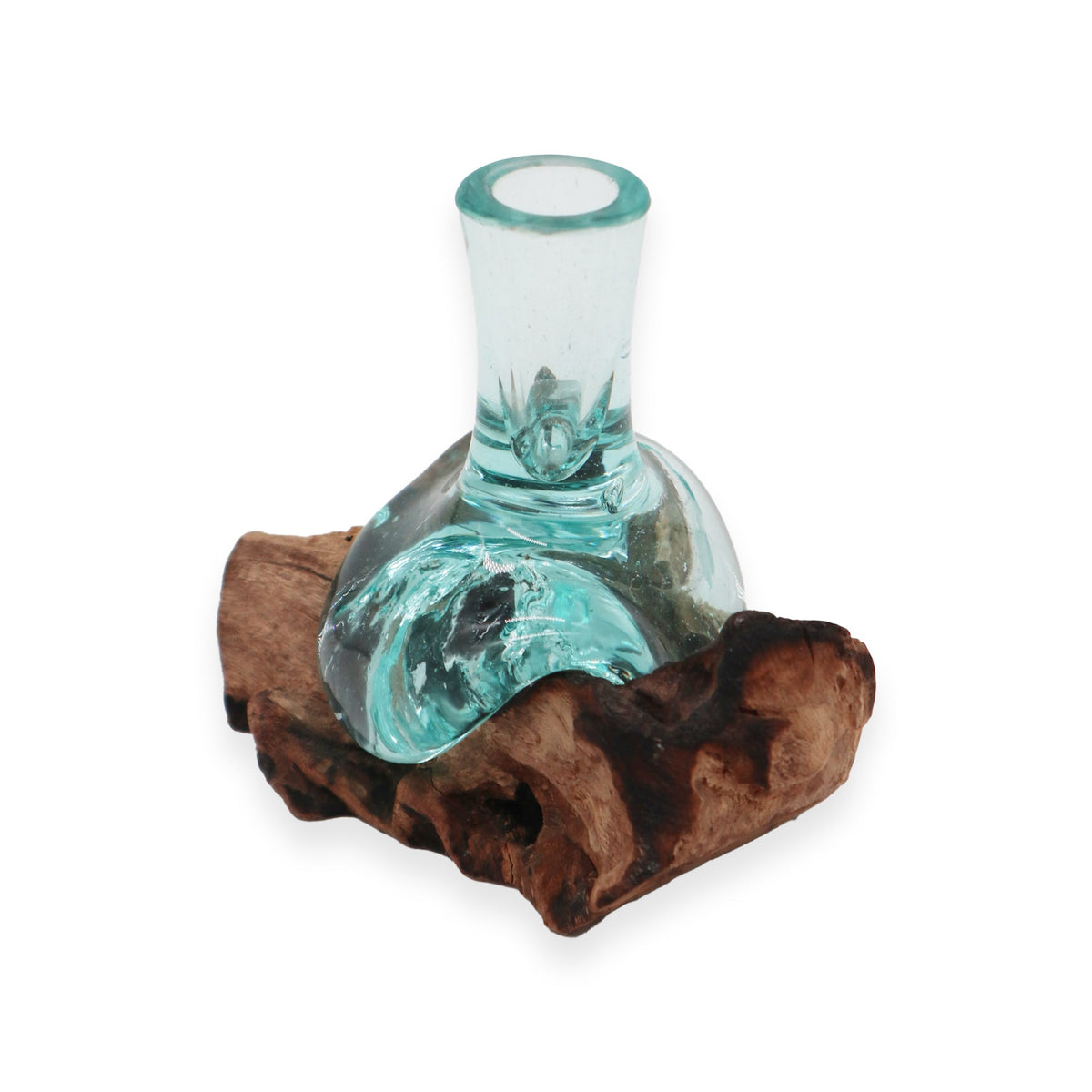 Recycled Glass Flower Vase on Wood - Small - Clear/Light Blue, with a cylindrical neck and rounded glass base on dark knotted wood by Quintessential Holistic Health Ltd
