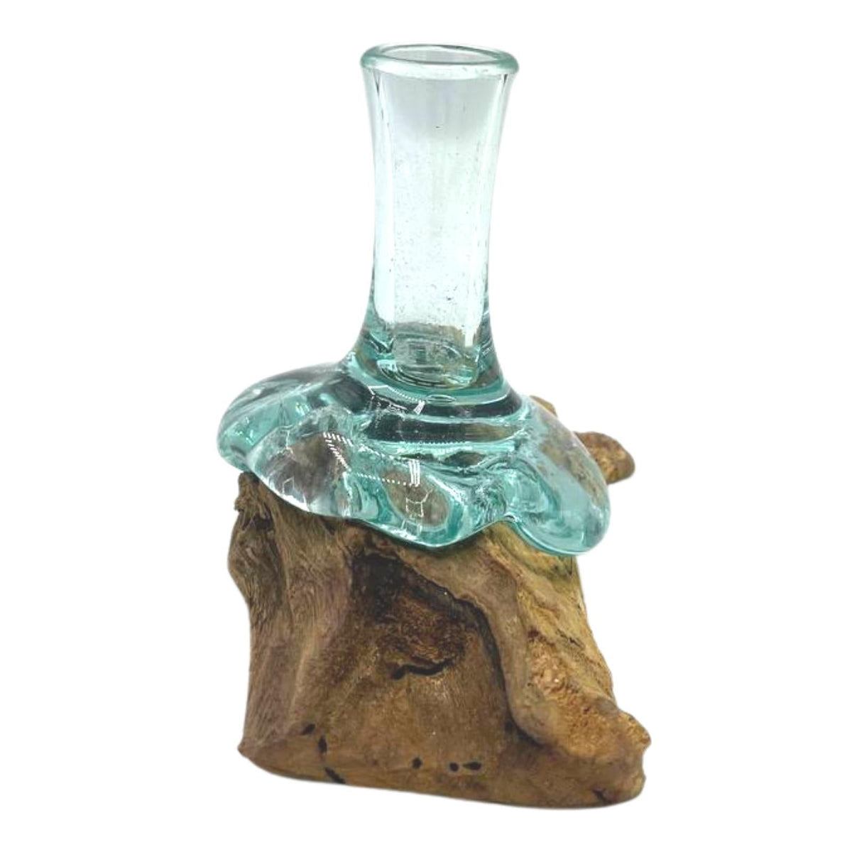 Recycled Glass Flower Vase on Wood - Small - Clear/Light Blue, with a tall narrow neck and rippled glass base on a compact wood block by Quintessential Holistic Health Ltd