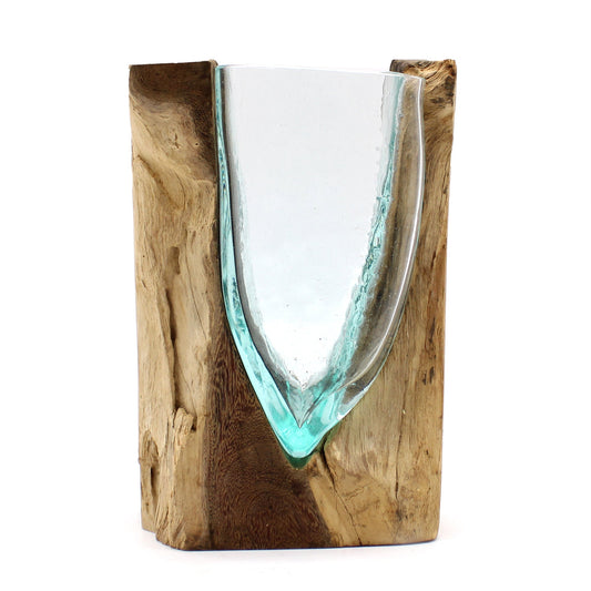 Handmade Molten Recycled V Shaped Vase on Wood - Clear and Light Blue - main product image from Quintessential Holistic Health Ltd UK