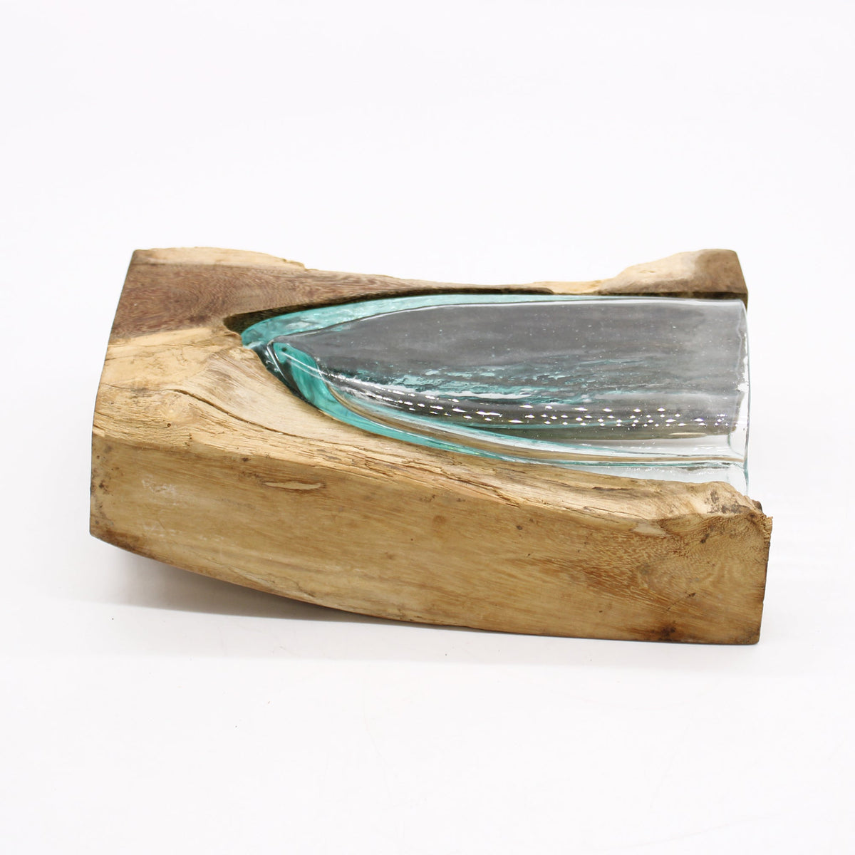 Handmade Molten Recycled V Shaped Vase - Clear and Light Blue, with a long tapered glass insert in a pale wood block by Quintessential Holistic Health Ltd