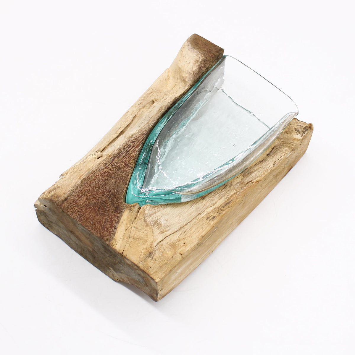 Handmade Molten Recycled V Shaped Vase - Clear and Light Blue, with a sloping glass form held between pale wood sides by Quintessential Holistic Health Ltd