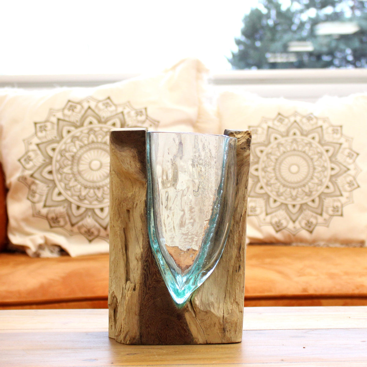 Handmade Molten Recycled V Shaped Vase - Clear and Light Blue, with a clear tapered centre and turquoise rim by Quintessential Holistic Health Ltd
