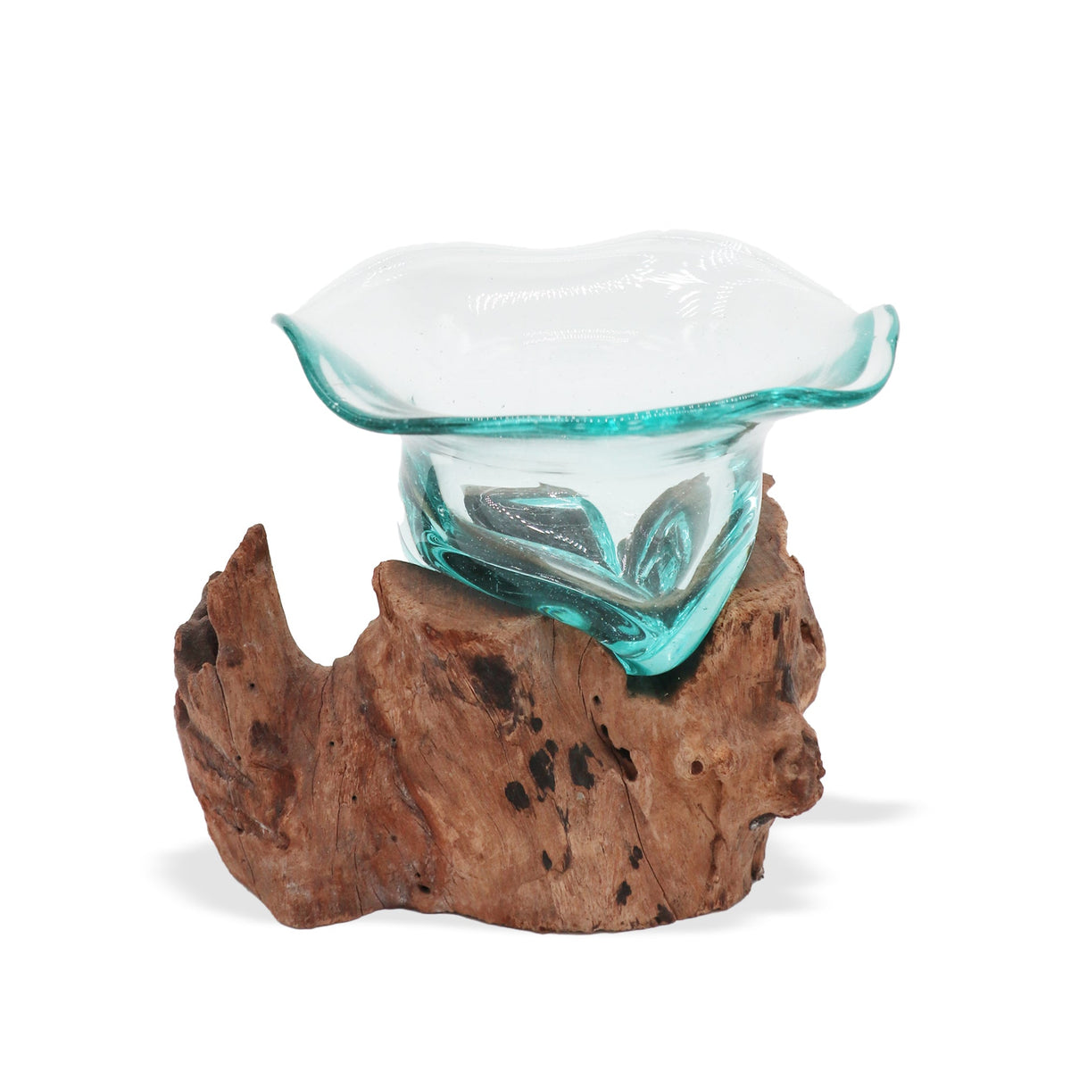 Recycled Glass Vase on Wood - Free-Form - Clear and Light Blue with a shallow undulating rim on a broad reddish knotted wood base by Quintessential Holistic Health Ltd