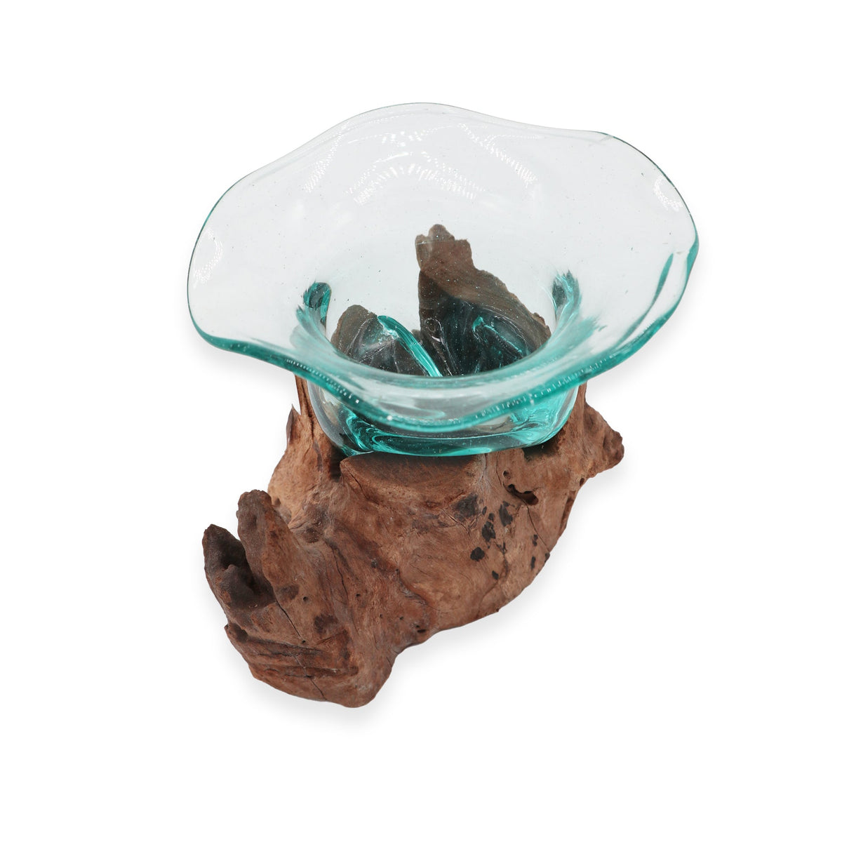 Recycled Glass Vase on Wood - Free-Form - Clear and Light Blue with a rounded uneven bowl on a small reddish knotted wood base by Quintessential Holistic Health Ltd