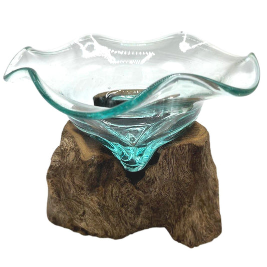 Handmade Molten Recycled Glass Vase on Wood - Free-Form - Clear and Light Blue - main product image from Quintessential Holistic Health Ltd UK