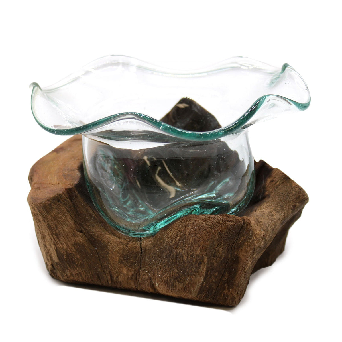 Recycled Glass Vase on Wood - Free-Form - Clear and Light Blue with a wavy flared rim fitted over a chunky wood base by Quintessential Holistic Health Ltd