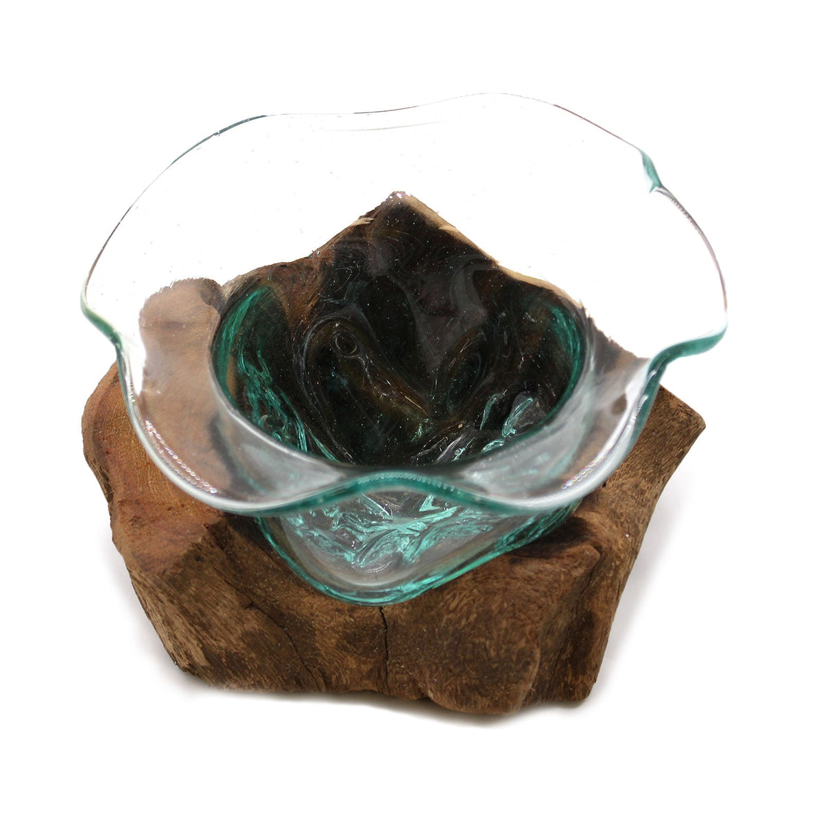 Recycled Glass Vase on Wood - Free-Form - Clear and Light Blue with a broad rippled rim surrounding a dark pointed wood centre by Quintessential Holistic Health Ltd