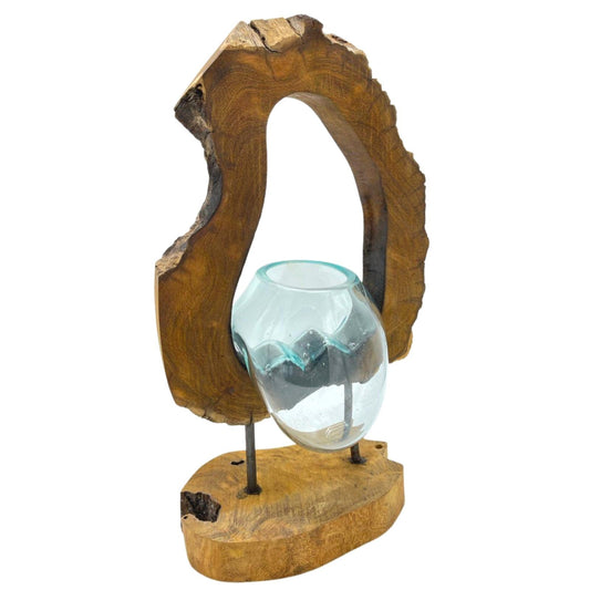 Handmade Molten Recycled Glass Vase on Wood - Hanging - Oval - Clear and Light Blue - main product image from Quintessential Holistic Health Ltd UK