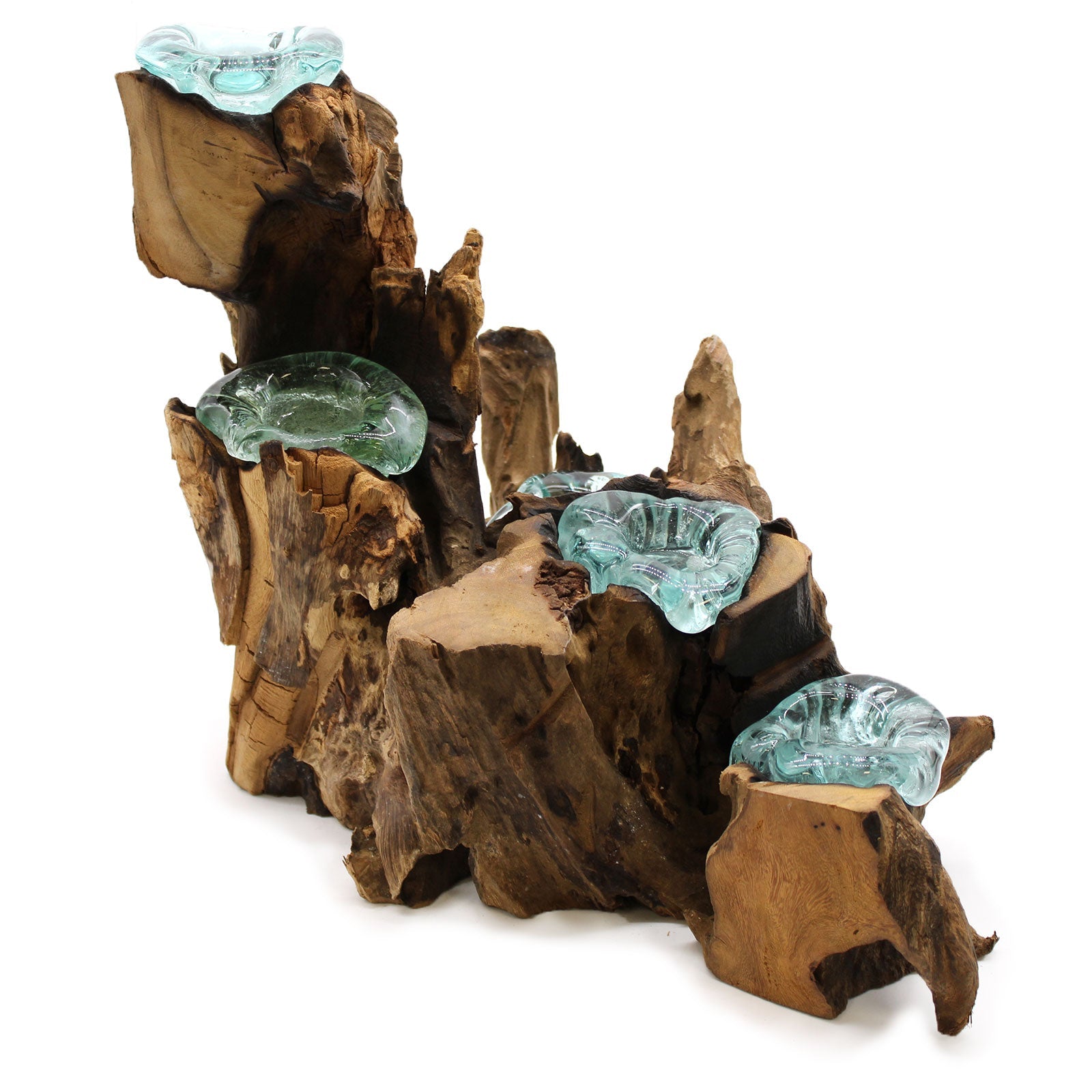 Recycled Glass/Wood Candle Holder - Five-Light - Clear/Light Blue with five cups distributed across tall jagged wood by Quintessential Holistic Health Ltd