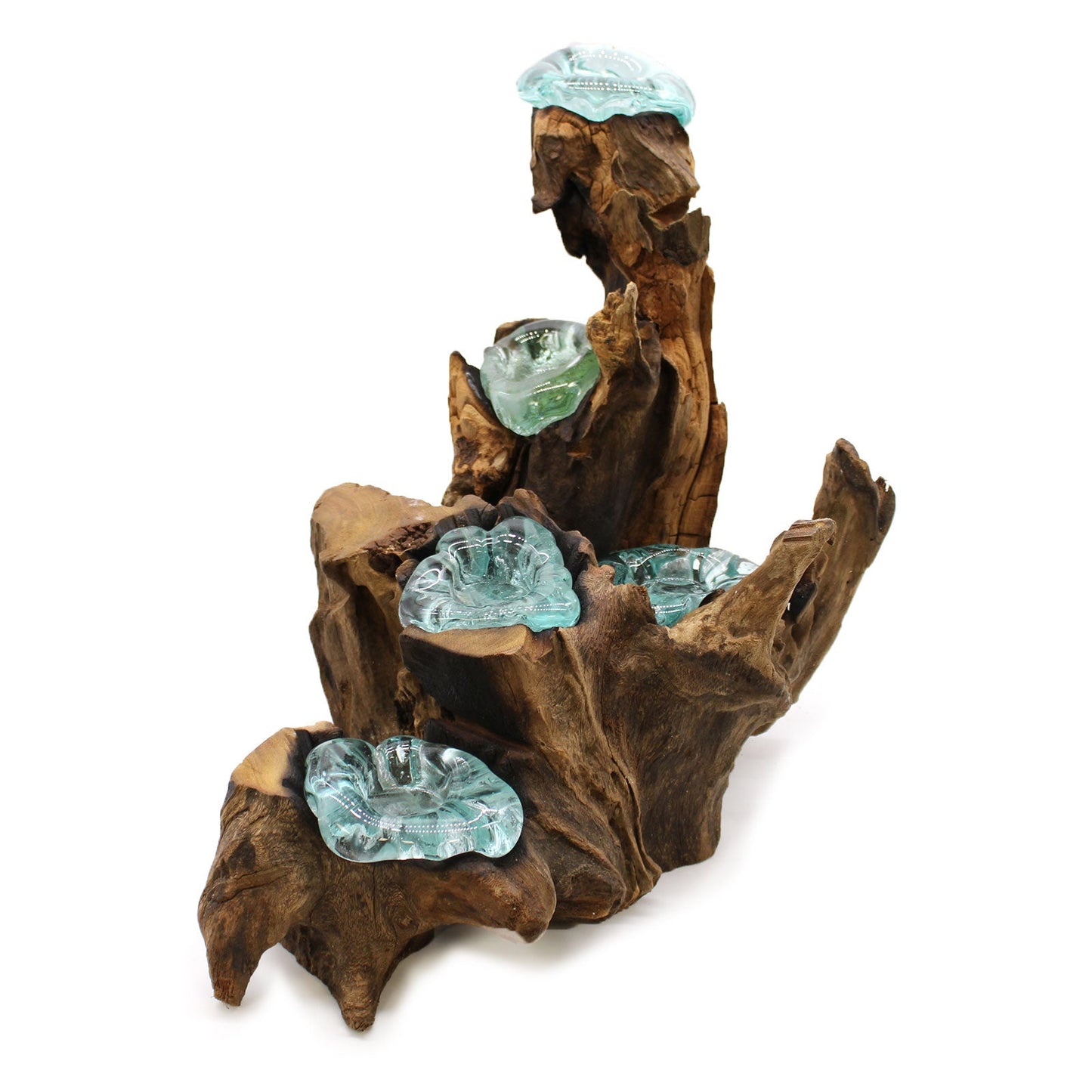 Recycled Glass/Wood Candle Holder - Five-Light - Clear/Light Blue with five cups set at different heights across a tall branching wood form by Quintessential Holistic Health Ltd