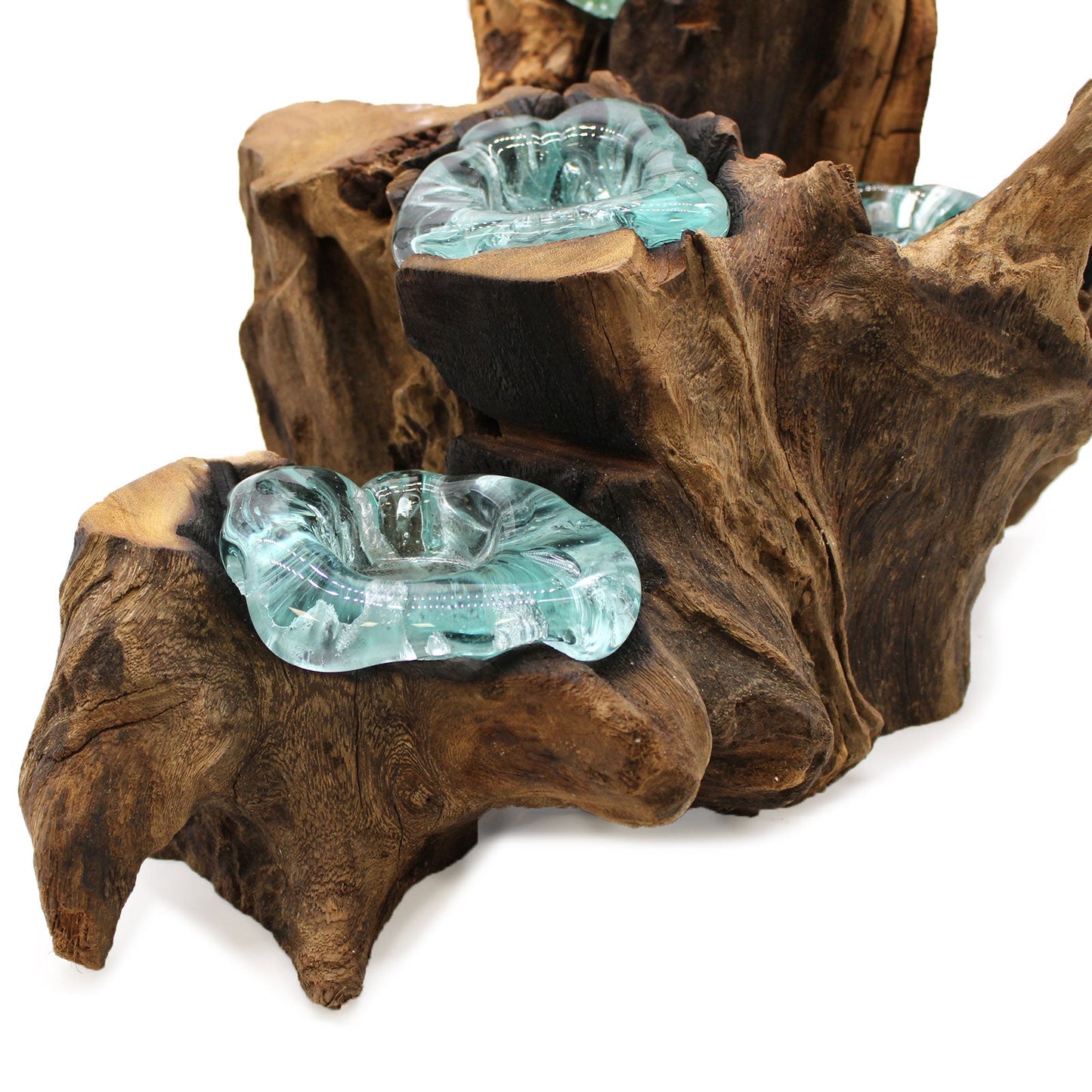 Recycled Glass/Wood Candle Holder - Five-Light - Clear/Light Blue with five flower-like cups inset along ridged upright wood by Quintessential Holistic Health Ltd