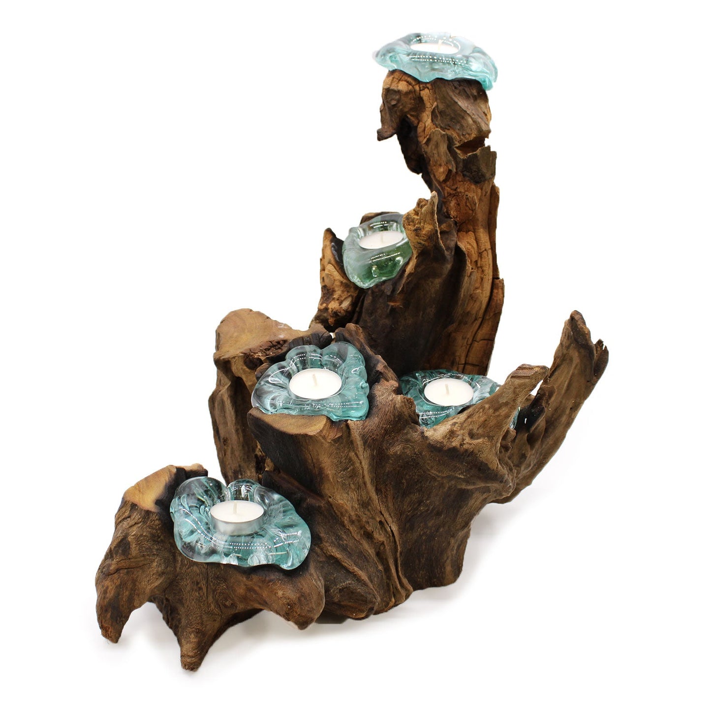 Recycled Glass/Wood Candle Holder - Five-Light - Clear/Light Blue with five cups rising in tiers across tall branching wood by Quintessential Holistic Health Ltd