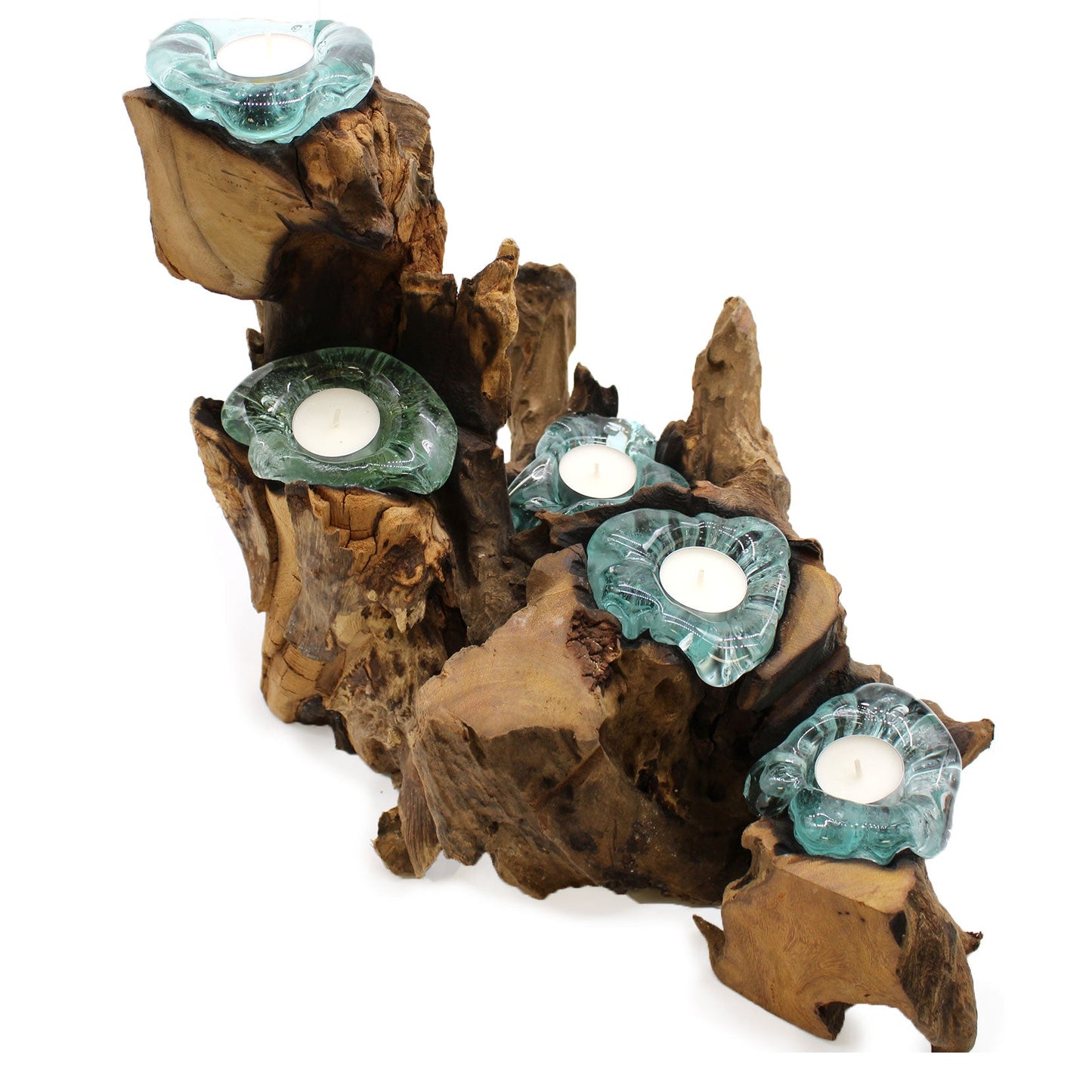 Recycled Glass/Wood Candle Holder - Five-Light - Clear/Light Blue with five scalloped cups and white tealights descending across upright wood by Quintessential Holistic Health Ltd