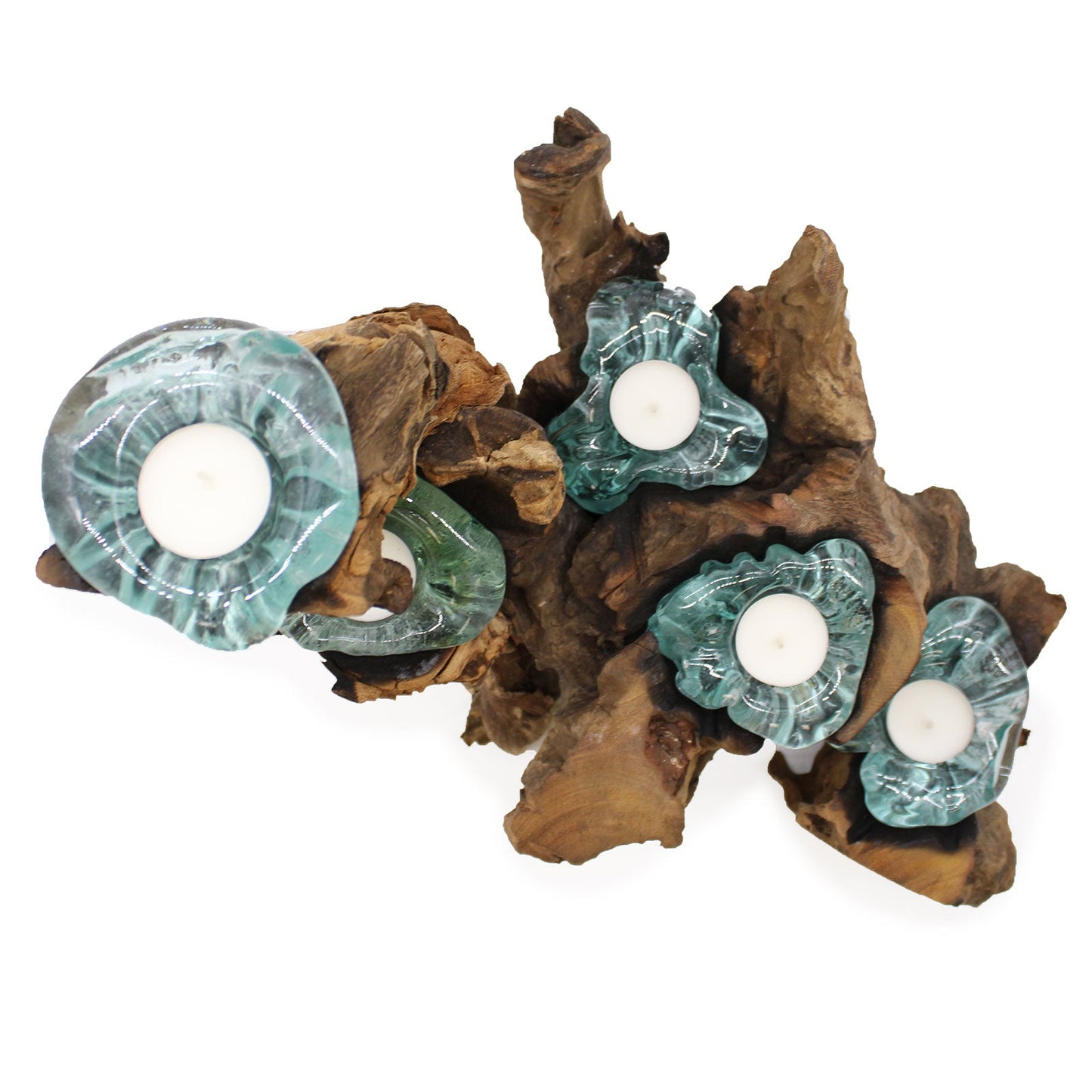Recycled Glass/Wood Candle Holder - Five-Light - Clear/Light Blue with five varied cups and white tealights arranged across gnarled wood by Quintessential Holistic Health Ltd