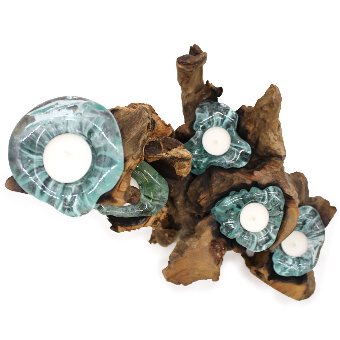 Recycled Glass/Wood Candle Holder - Five-Light - Clear/Light Blue with five flower-shaped cups and white tealights on sculptural wood by Quintessential Holistic Health Ltd