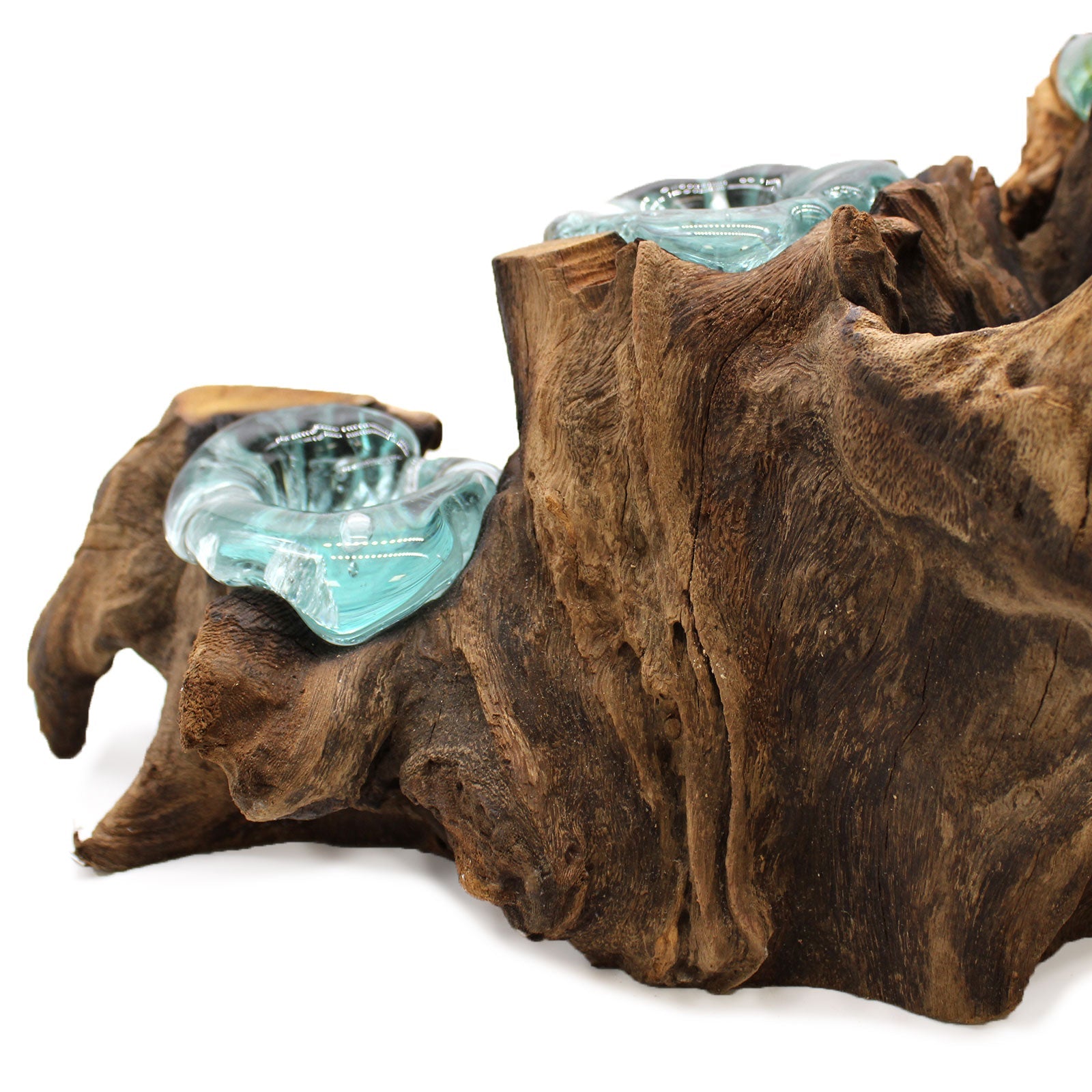 Recycled Glass/Wood Candle Holder - Five-Light - Clear/Light Blue with five cups fitted into hollows across rugged upright wood by Quintessential Holistic Health Ltd
