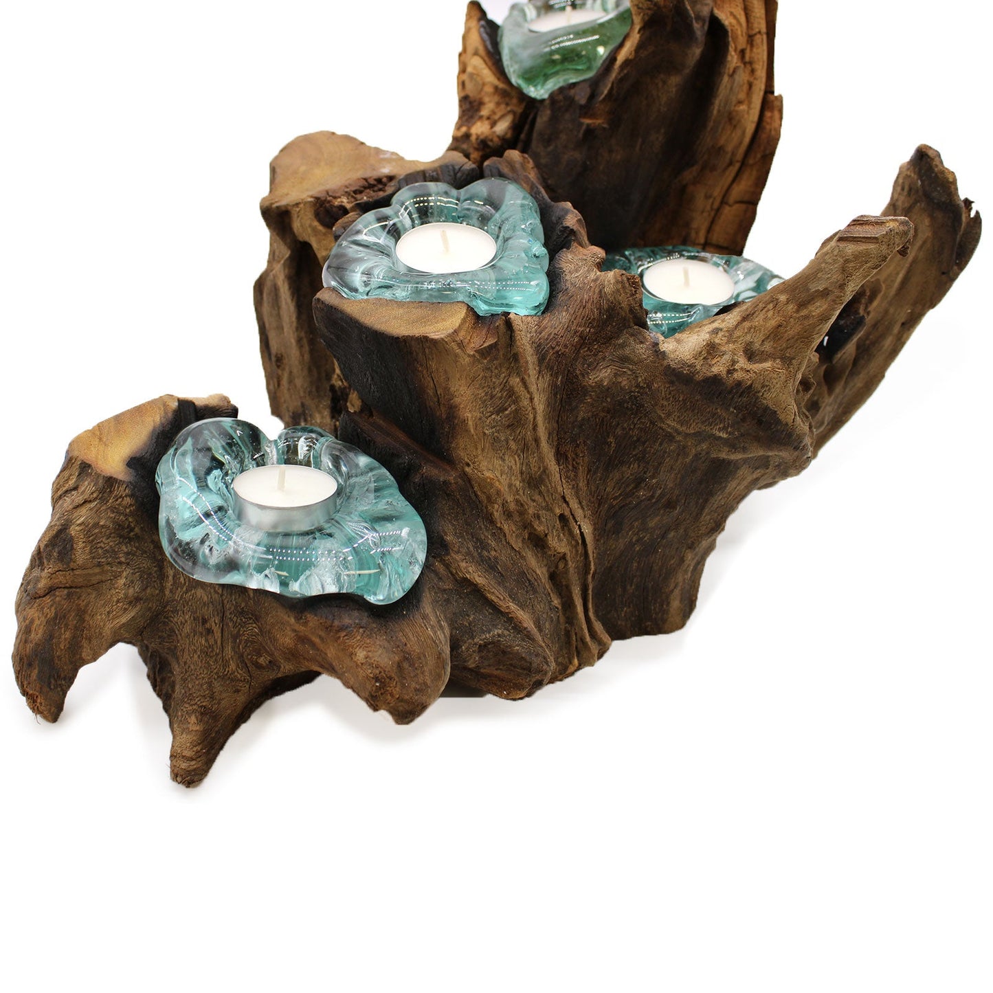 Recycled Glass/Wood Candle Holder - Five-Light - Clear/Light Blue with five rounded cups and white tealights on sweeping sculptural wood by Quintessential Holistic Health Ltd