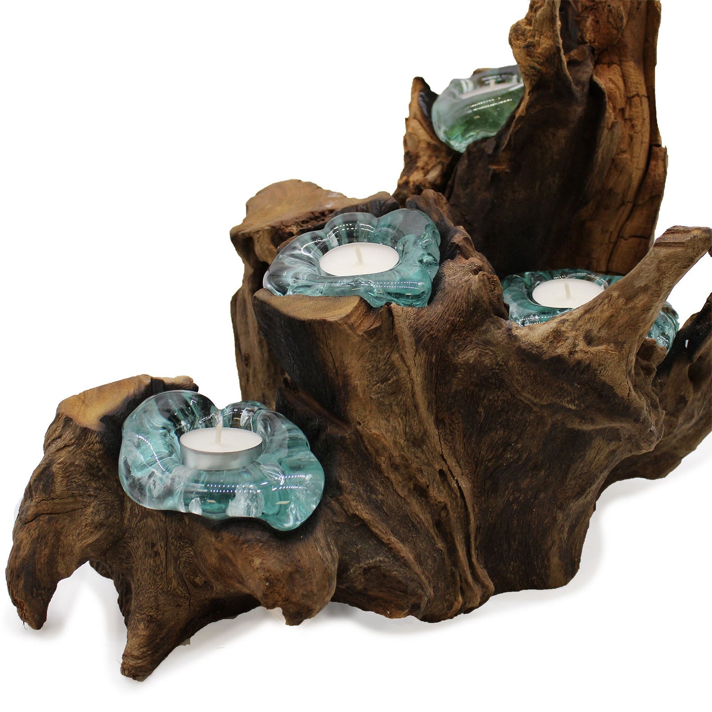 Recycled Glass/Wood Candle Holder - Five-Light - Clear/Light Blue with five cups nestled across a broad dark branching wood form by Quintessential Holistic Health Ltd