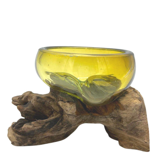Handmade Molten Recycled Glass Vase on Wood - Clear - Round - Amber - main product image from Quintessential Holistic Health Ltd UK