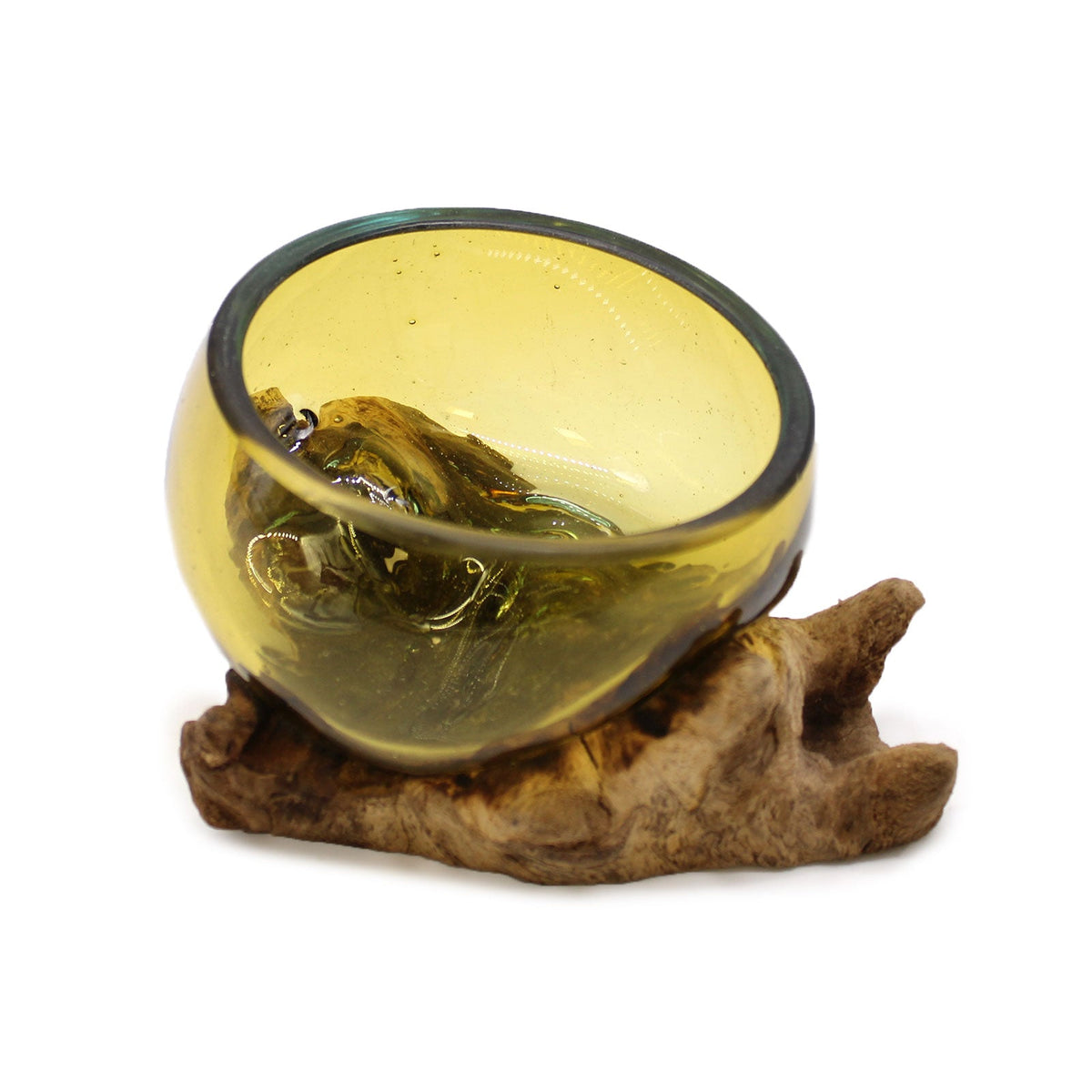 Recycled Glass Vase on Wood - Clear Round Amber with a rounded amber bowl seated on a low, pale knotted wood base by Quintessential Holistic Health Ltd