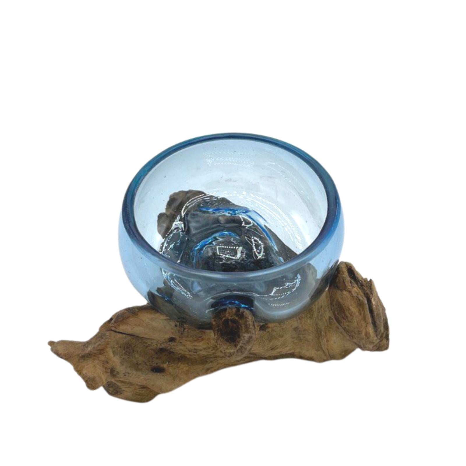 Handmade Molten Recycled Glass Vase on Wood - Clear / Round / Blue product packaging on clean background from Quintessential Holistic Health Ltd