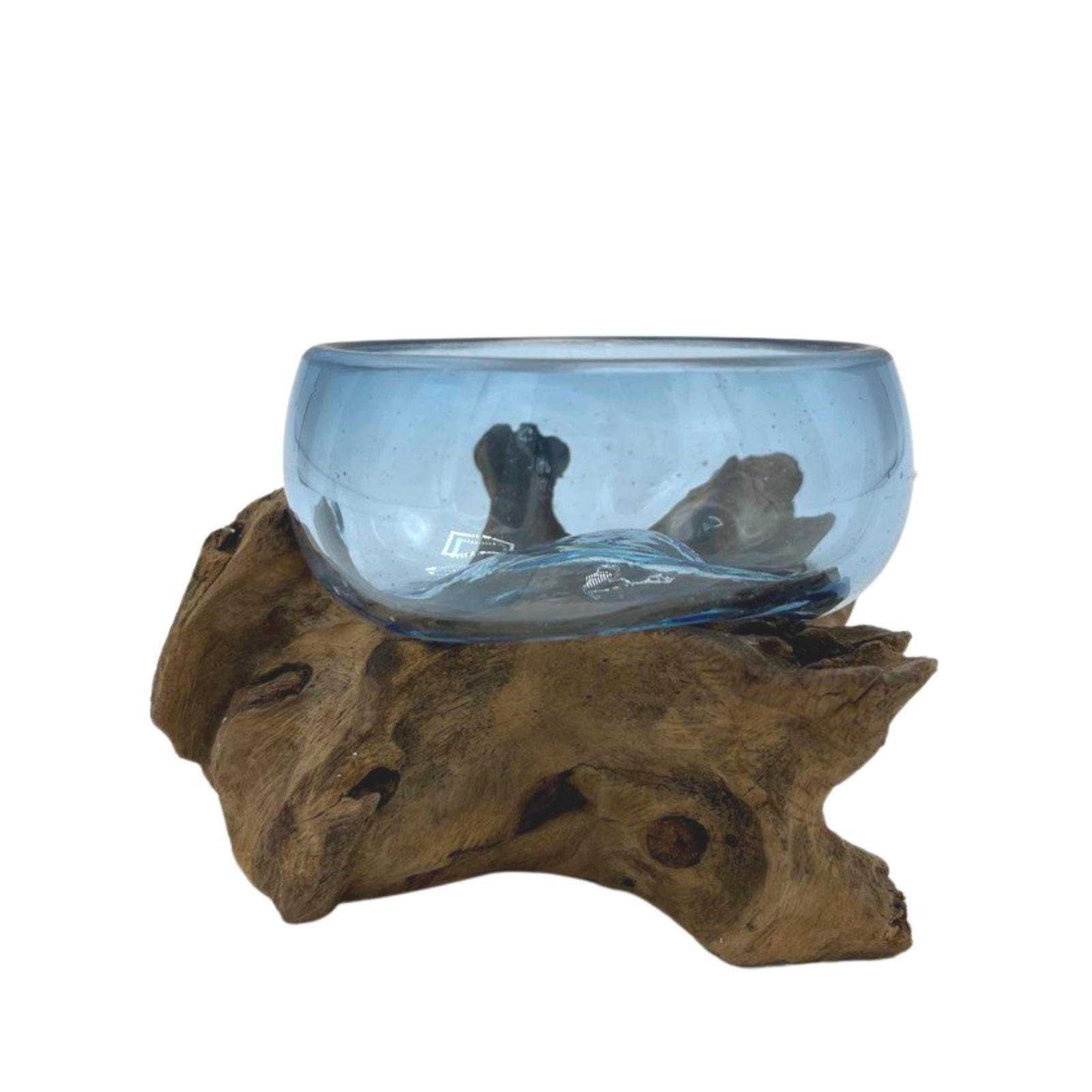 Handmade Molten Recycled Glass Vase on Wood - Clear / Round / Blue product packaging on clean background from Quintessential Holistic Health Ltd