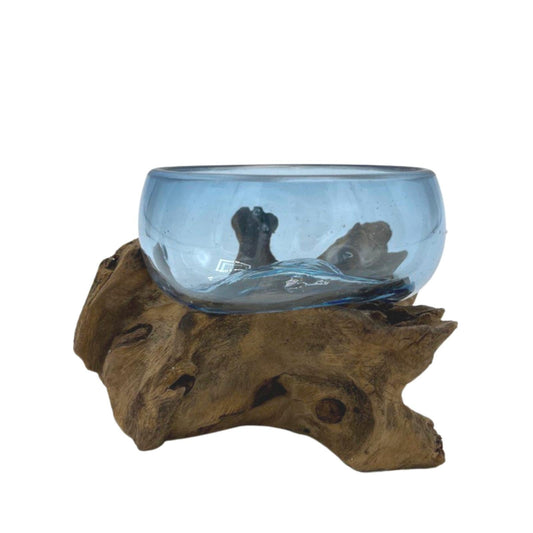 Handmade Molten Recycled Glass Vase on Wood - Clear - Round - Blue - main product image from Quintessential Holistic Health Ltd UK