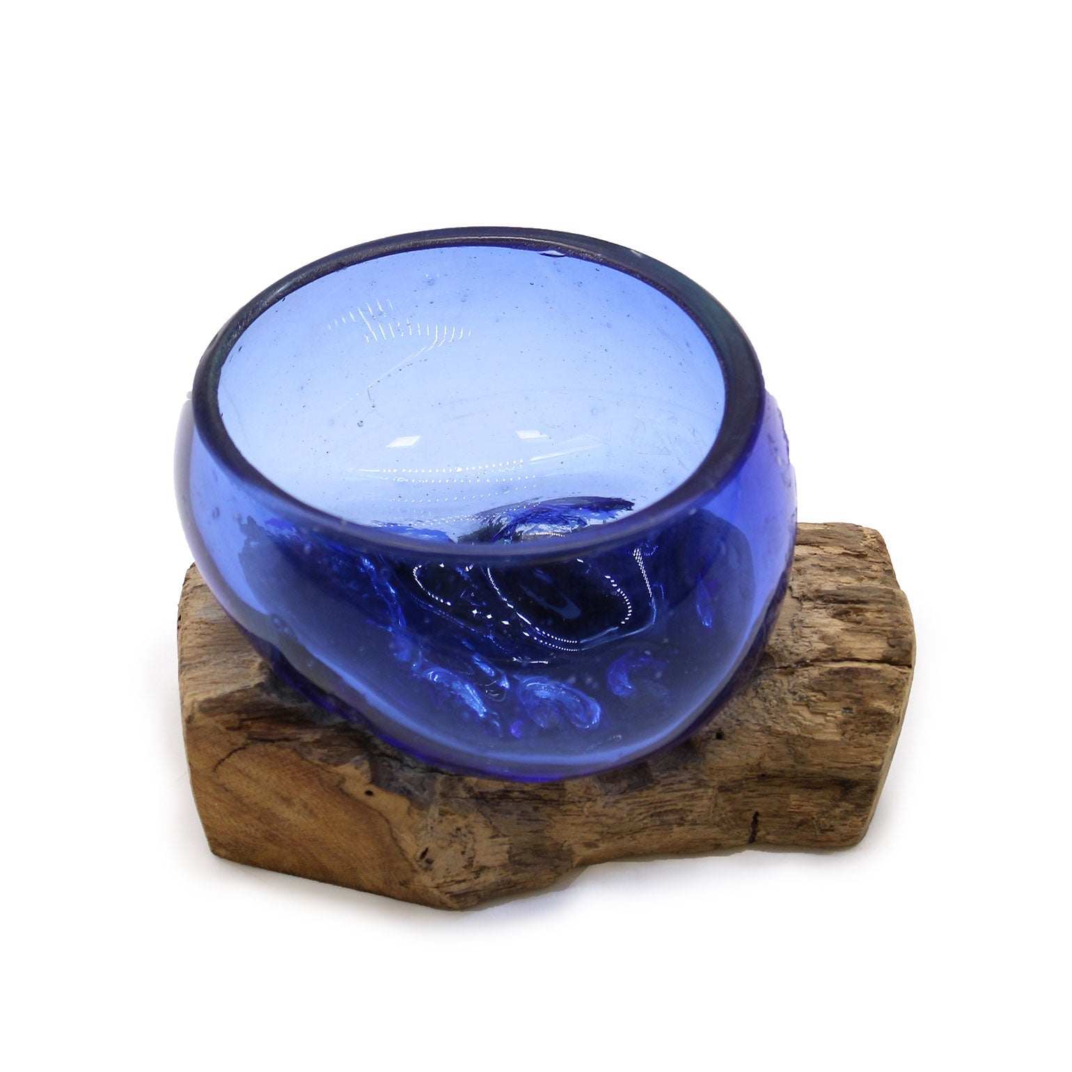 Handmade Molten Recycled Glass Vase on Wood - Clear / Round / Blue product packaging on clean background from Quintessential Holistic Health Ltd
