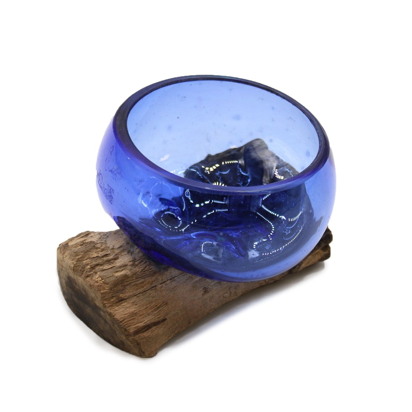 Handmade Molten Recycled Glass Vase on Wood - Clear / Round / Blue product packaging on clean background from Quintessential Holistic Health Ltd