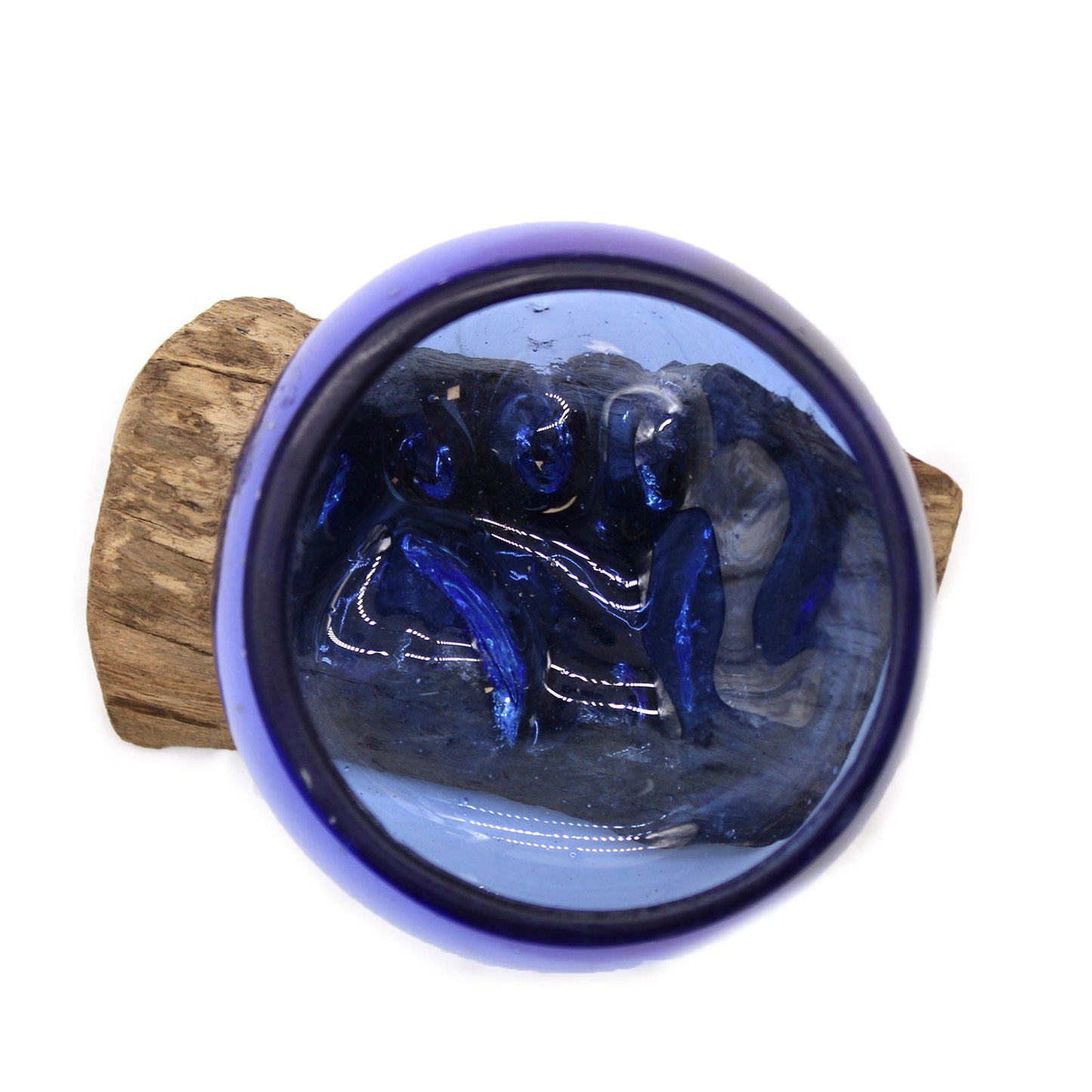 Handmade Molten Recycled Glass Vase on Wood - Clear / Round / Blue product packaging on clean background from Quintessential Holistic Health Ltd