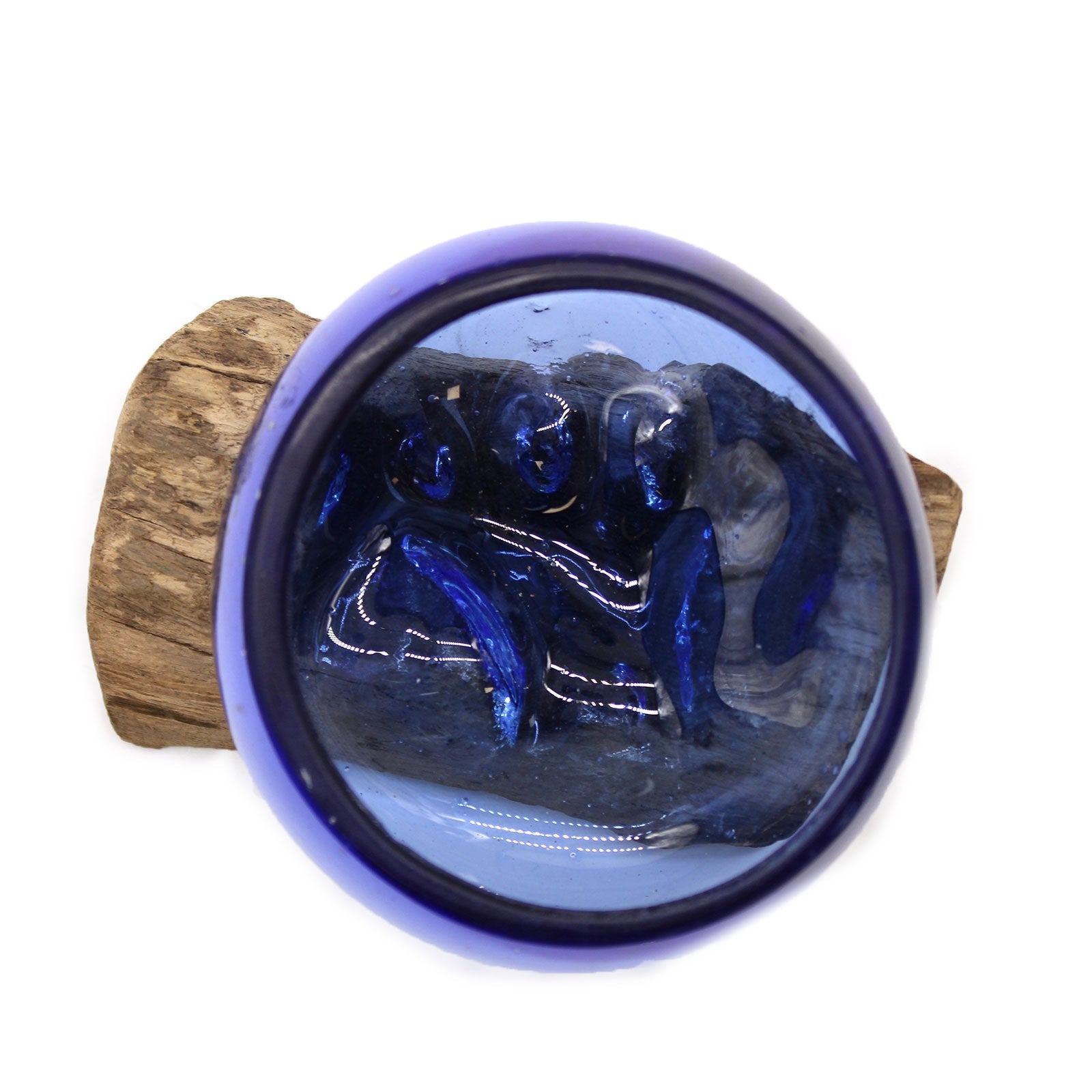 Handmade Molten Recycled Glass Vase on Wood - Clear / Round / Blue product packaging on clean background from Quintessential Holistic Health Ltd