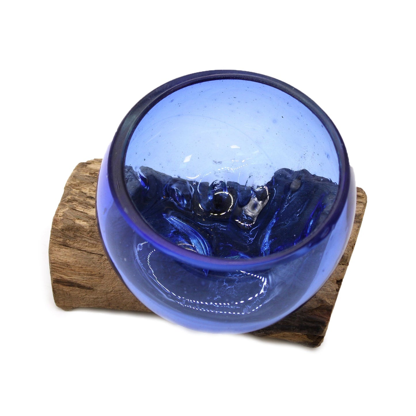 Handmade Molten Recycled Glass Vase on Wood - Clear / Round / Blue product packaging on clean background from Quintessential Holistic Health Ltd