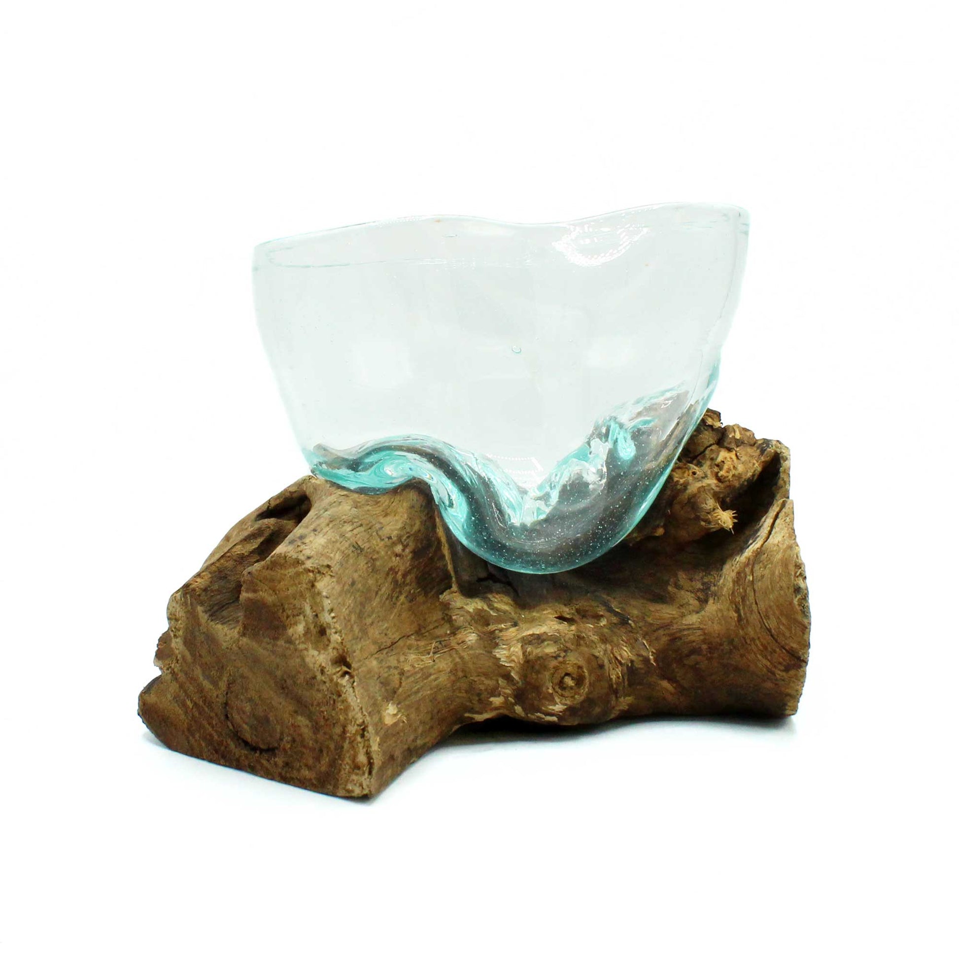 Handmade Molten Recycled Vase on Wood - Free-Form / Clear / Light Blue product packaging on clean background from Quintessential Holistic Health Ltd