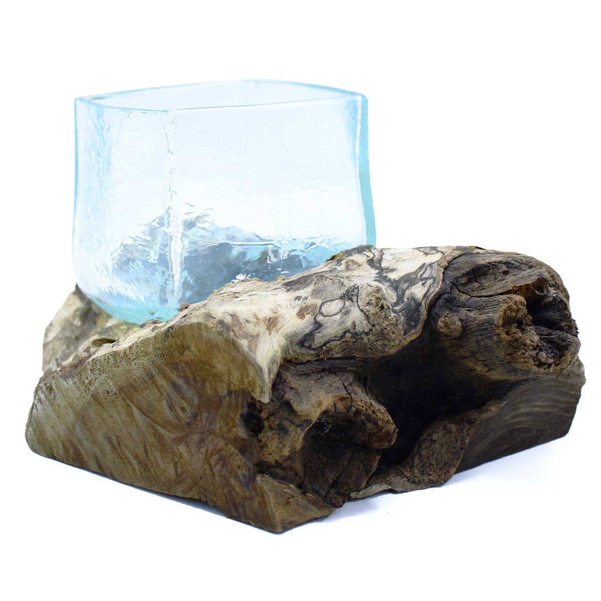 Recycled Glass Vase on Wood - Crackled Rectangle - Light Blue, square vessel nestled in a broad wood base with dark knots by Quintessential Holistic Health Ltd