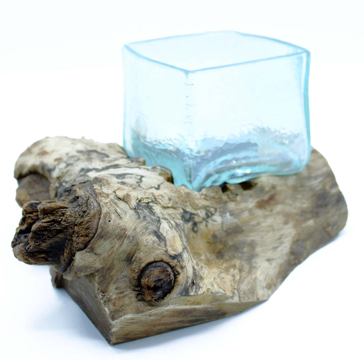 Recycled Glass Vase on Wood - Crackled Rectangle - Light Blue, square vessel set into a pale knotted wood base by Quintessential Holistic Health Ltd