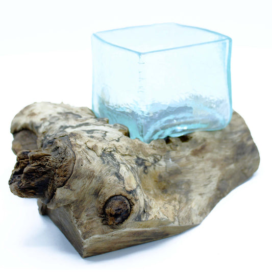 Handmade Molten Recycled Glass Vase on Wood - Crackled - Rectangular - Light Blue - main product image from Quintessential Holistic Health Ltd UK