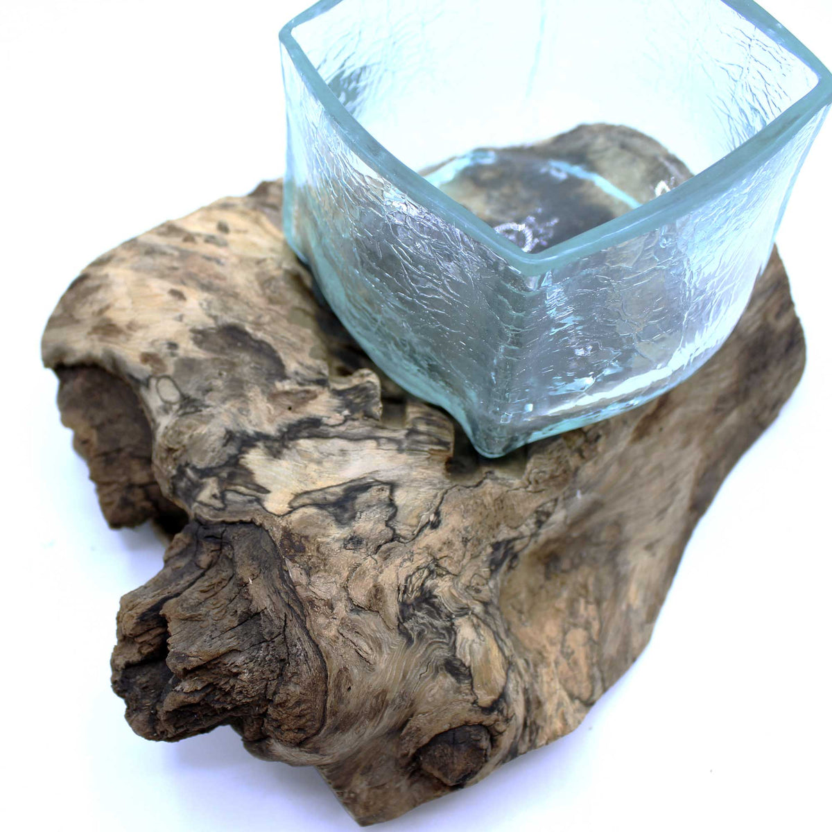 Recycled Glass Vase on Wood - Crackled Rectangle - Light Blue, square rippled vessel set diagonally on an irregular wood base by Quintessential Holistic Health Ltd