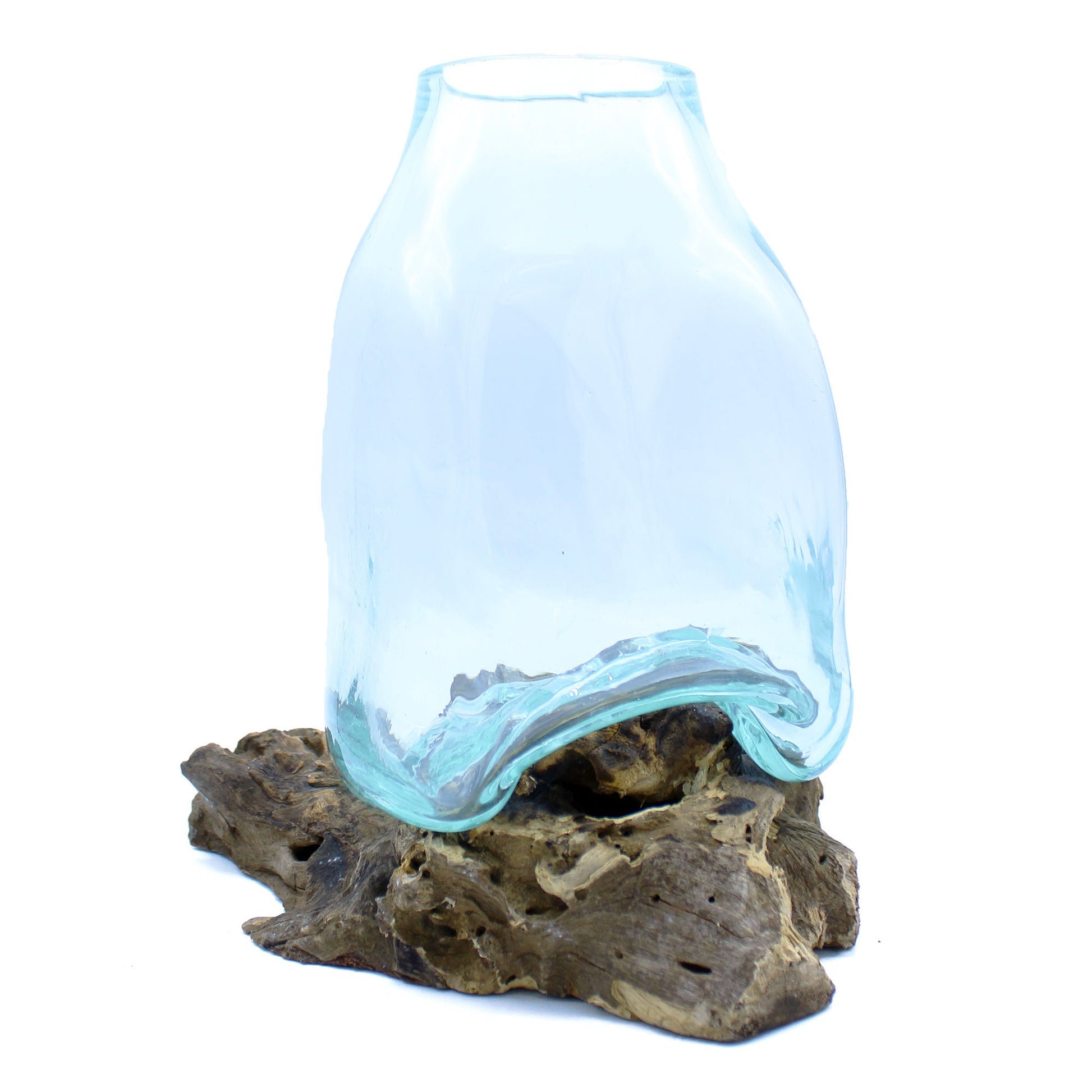 Handmade Molten Recycled Glass Vase on Wood - Large / Oval / Light Blue product packaging on clean background from Quintessential Holistic Health Ltd