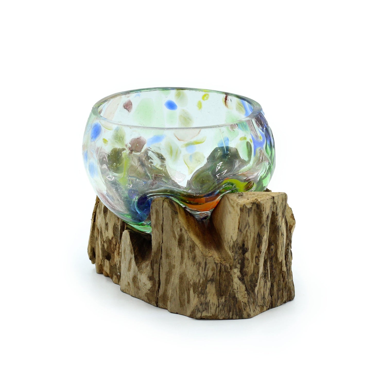 Handmade Molten Recycled Glass Vase on Wood - Small / Round / Multicoloured product packaging on clean background from Quintessential Holistic Health Ltd