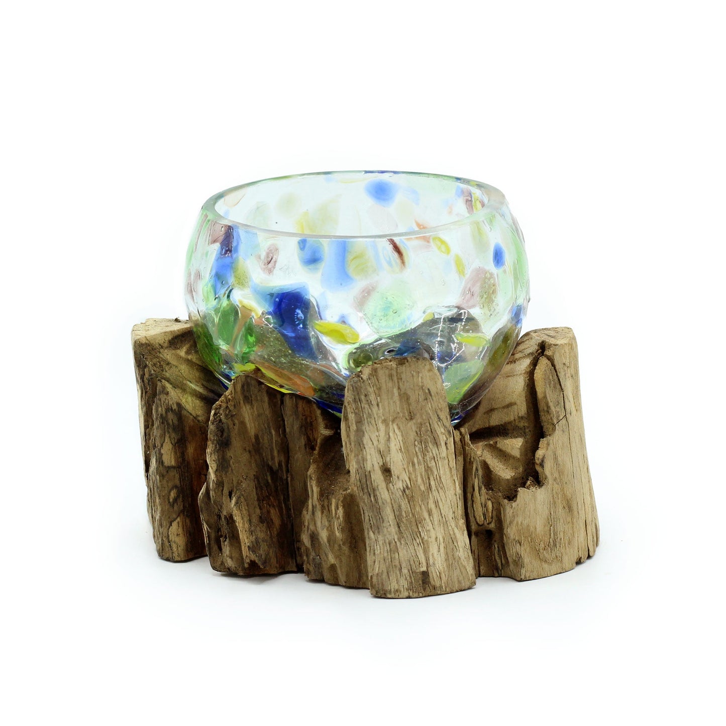 Handmade Molten Recycled Glass Vase on Wood - Small / Round / Multicoloured product packaging on clean background from Quintessential Holistic Health Ltd